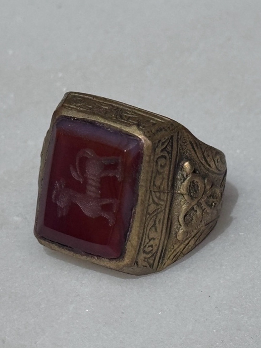 Vintage Brass Ring With Red Carved Stone